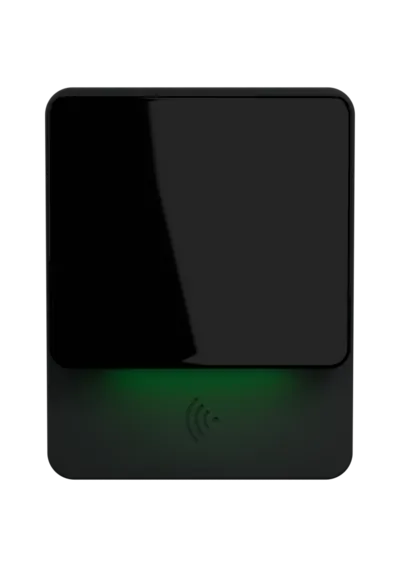 The reader head-on: the RFID tap zone etched below the panel, lit by the green diffuser.