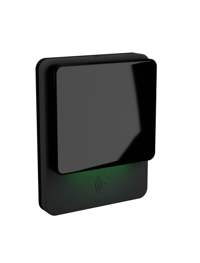 The StromaOS door reader — a gloss graphite panel over a printed grey tap zone, the green node lit along the seam.
